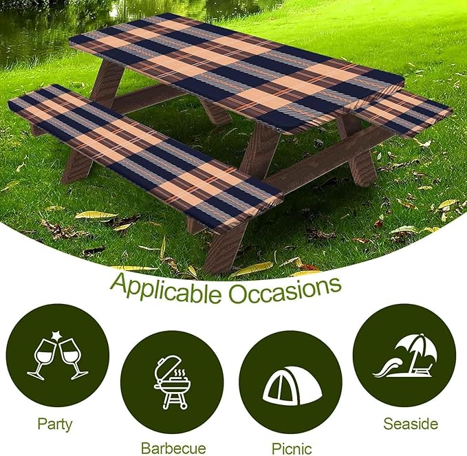 CAPSCEOLL Elastic Picnic Table Cover with Bench Covers 5Ft Waterproof Fitted Picnic Table Cover Cloths for Outdoors Camping Tablecloth with Drawstring Bag, 60X30in, Autumn Plaid