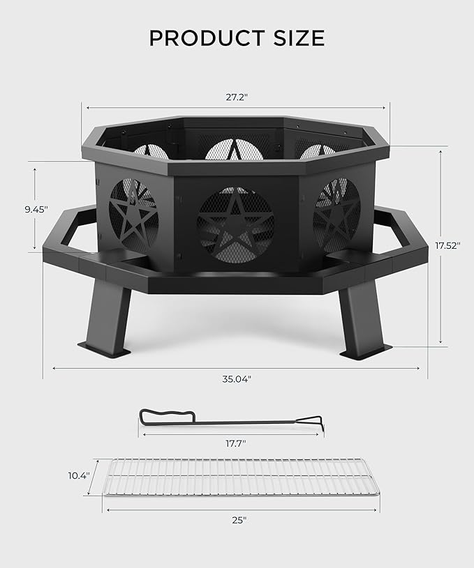 35 inch Fire Pit, Outdoor Fire Pit Wood Burning Fire Pits with Cooking Grill, Large Firepits for Outside Octagonal Heavy Duty Firepit with Poker for Bonfire, Backyard, Patio, Picnic, Camping