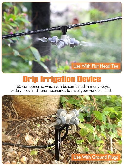 164FT Automatic Drip Irrigation Kit, Kalolary Micro Garden Watering System with 1/4" Distribution Tube Adjustable Sprinkler Equipment 4/7 Misting Nozzle Emitters Barbed Fittings for Greenhouse Patio