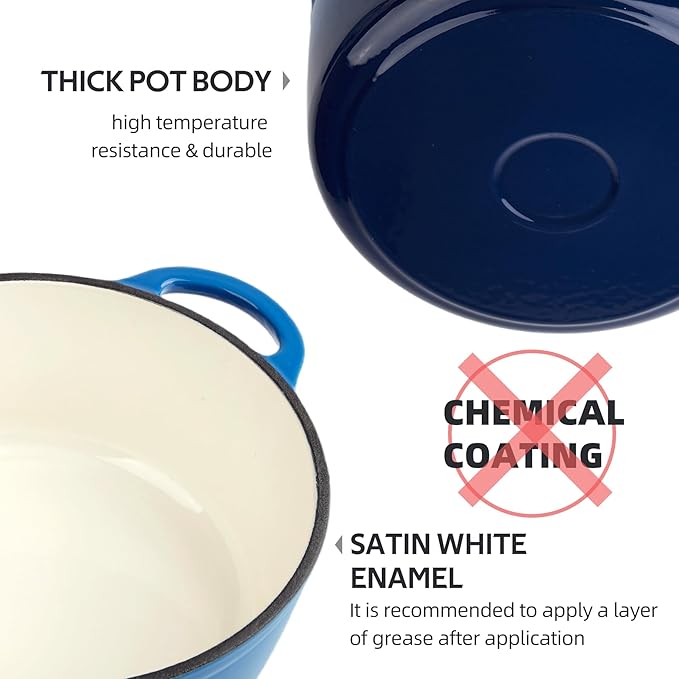 4.5 Quart Dutch Oven Enameled Cast Iron with Lid - Big Dual Handles - Oven Safe up to 500°F - Classic Round Pot for Versatile Cooking Blue