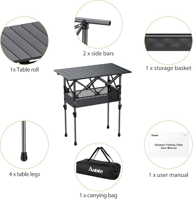 Folding Camping Table, Aluminum Roll Up Camping Table Adjustable Height with Storage Net and Bag, Lightweight Outdoor Table 25” X 16”, for Outdoor Travel BBQ Party Picnic, Black