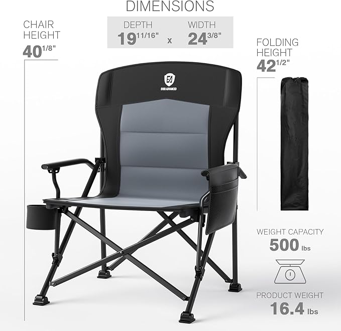 EVER ADVANCED Oversized Folding Camping Chair for Adults, Heavy Duty Lawn Chair with Side Pockets, Portable Collapsible Quad Chair for Outside, Support Up to 500lbs