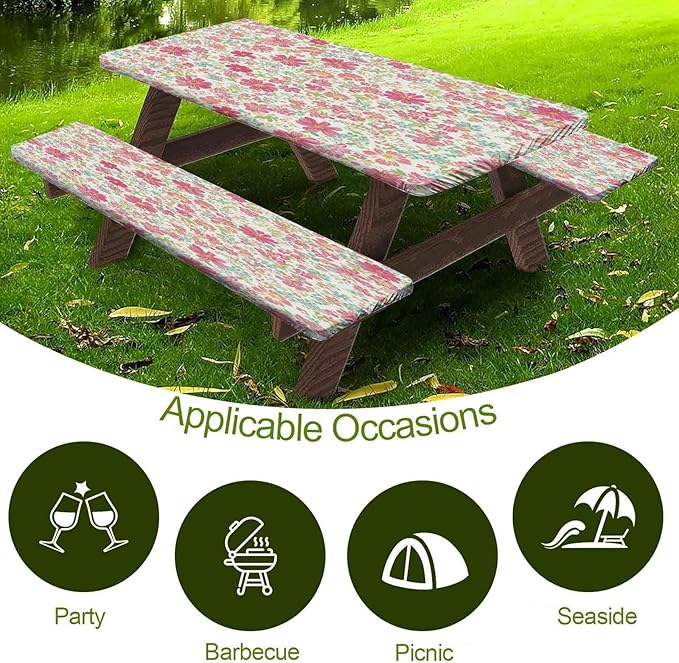 CAPSCEOLL Elastic Picnic Table Cover with Bench Covers 5Ft Waterproof Fitted Picnic Table Cover Cloths for Outdoors Camping Tablecloth with Drawstring Bag, 60X30in, Pink Flowers