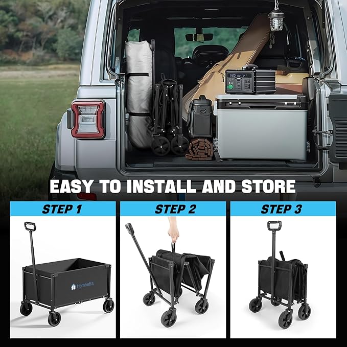 Collapsible Wagon, Heavy Duty Wagons Carts Foldable with Wheels, 150L Utility Wagon with 360LBS Capacity Wagon Cart with Wheels Foldable for Shopping, Groceries, Camping, Sports, Beach, Black