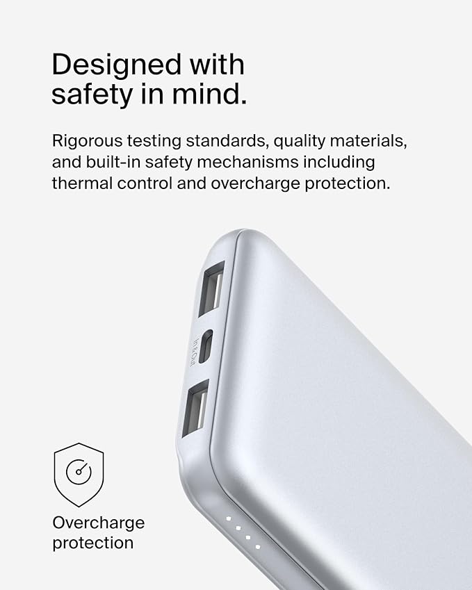 Belkin Portable Charger, USB C Power Bank 10,000mAh w/ 2xUSB-A Ports, 15W w/Type-C to Type-A Cable for iPhone 17, Air, Samsung Galaxy S25, iPad, Nintendo Switch 2, Google Pixel 10, etc. - Pearl Blue