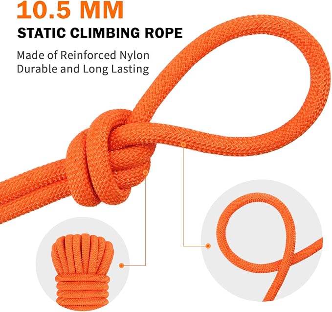 AOLEBA 10.5 mm Static Climbing Rope 10M(32ft) 20M(64ft) 30M(96ft) 50M(160ft) 70M(230ft) Outdoor Rock Climbing Rope, Escape Rope Ice Climbing Equipment Fire Rescue Parachute Rope