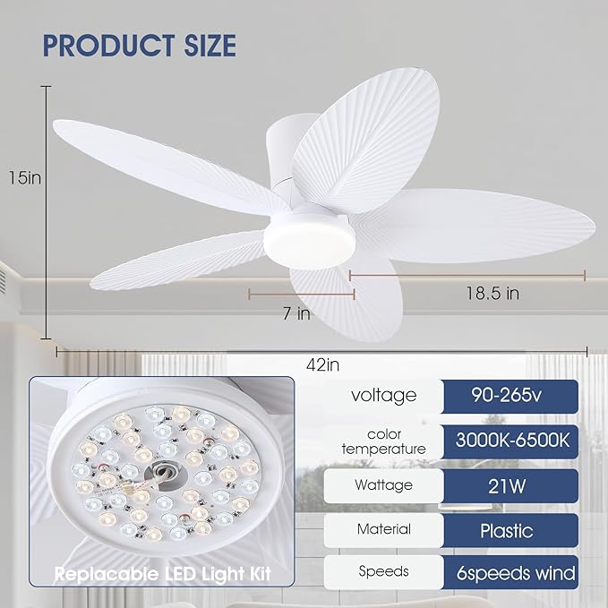 Palm Leaf Ceiling Fans with Lights-42 Tropical Ceiling Fan with Light and Remote/APP Control,Flush Mount Low Profile White Ceiling Fans for Bedroom,Indoor/Outdoor Patio Use
