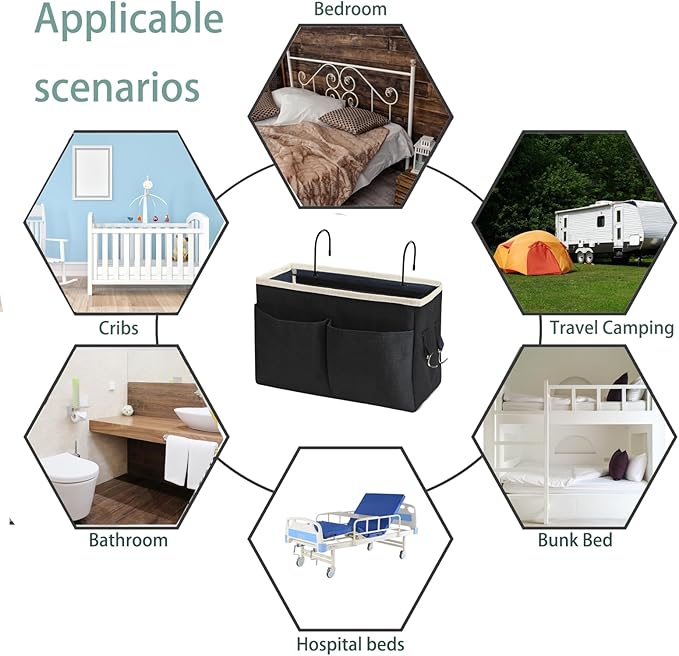 Bedside Caddy/Bedside Hanging Storage Bag Multi-Function Caddy for Bunk bed Hospital Beds Dorm Bed Rails, Holders Books Glasses Phones Magazine(2pc Black)