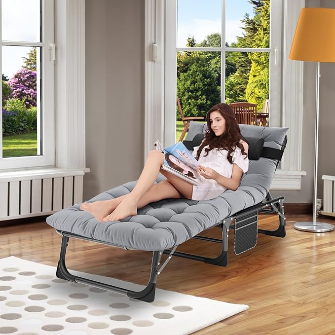 ABORON Folding Camping Cot W/Mat for Adults, Adjustable Heavy Duty Outdoor Bed,1200 D Layer Oxford Travel Camp Cots