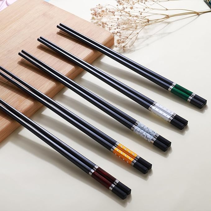 GLAMFIELDS 5 Pairs Premium Chopsticks Reusable Dishwasher Safe 9.5 Inch Fiberglass Chop Sticks Gift Set Non Slip Multi Color