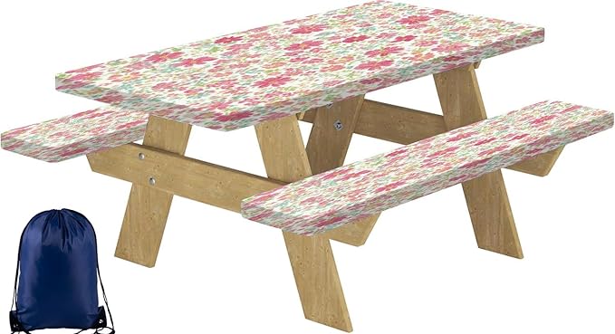 CAPSCEOLL Picnic Table Cover with Bench Covers 8Ft Waterproof Camping Tablecloth Elastic Table Protector with Drawstring Bag for Camping Essentials, 96X30In, Pink Flowers