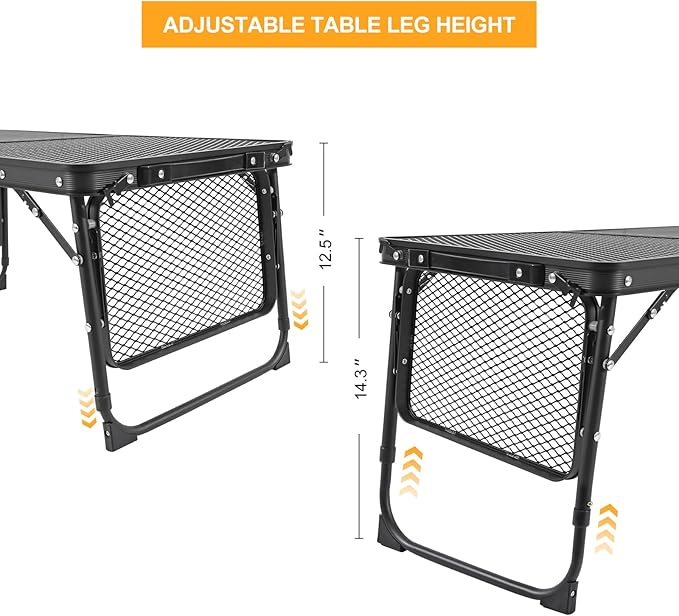 Camping Table Grill Table with Table Extension Board Adjustable Height Folding Tables Mesh Top Portable Grill for Outdoor Indoor Beach BBQ Picnic Travel RV Black