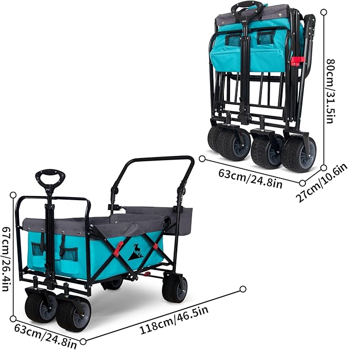 Folding Utility Wagon | Heavy-Duty Collapsible Cart with Brakes & Adjustable Handle | for Gardening, Beach Trips, Camping, Shopping & Outdoor Transport (Turquoise/Grey)