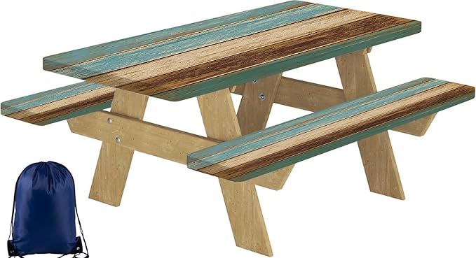 CAPSCEOLL Picnic Table Cover with Bench Covers 8Ft Waterproof Camping Tablecloth All-Weather Outdoor Table Protector with Drawstring Bag for Camping Essentials, 96X30In, Blue Brown Wood