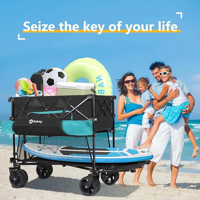 400L Large Capacity Folding Double Decker Wagon with Brakes, 50" Extra Long Extender Cart, 500lbs Heavy Duty Collapsible Wagons, All-Terrain Big Wheels for Camping, Sports, Shopping. Black