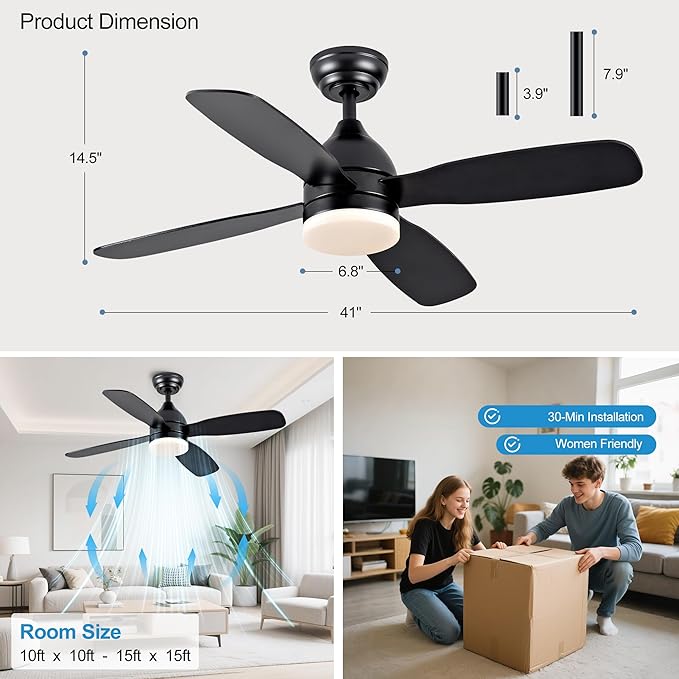 Ceiling Fans with Lights and Remote/APP Control, 42 inch Low Profile Ceiling Fan with Light, Flush Mount, 3CCT, Dimmable, Reversible, Quiet 6 Speeds Modern Black Ceiling Fan Light for Bedroom Kitchen