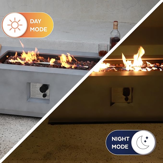 42" Rectangular Propane Fire Pit – 50,000 BTU Concrete Fire Pit with Tank Cover – 2-Piece Outdoor Firepits – Gas Fireplace for Deck or Patio