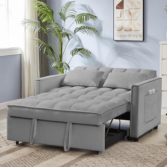 53.14" Velvet Convertible Sleeper Sofa Bed with Adjustable Backrest & Side Pocket, Pull-Out Loveseat Futon Couch for Small Spaces, Solid Wood Frame, Easy Assembly, 3-in-1 Sofa Bed for Living Room