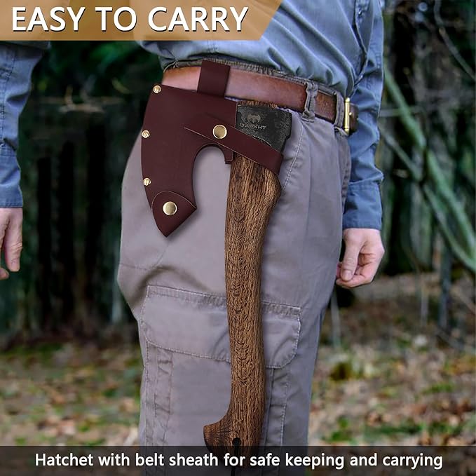 Hatchet Axe, 15.7" Camping Hatchet with Leather Sheath, Bushcraft Axe with 1065 Carbon Steel & Beech Handle, Survival Axe for Wood Splitting and Chopping - Perfect for Gardening and Outdoor