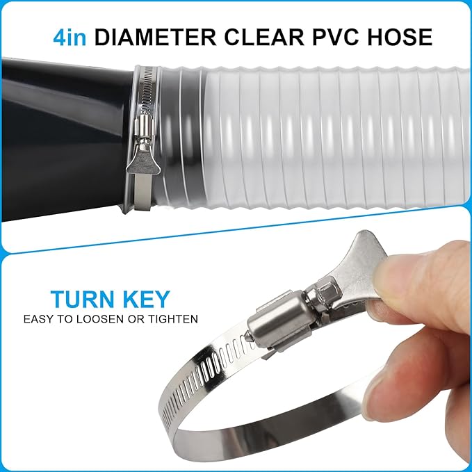 4" x 50' Heavy PVC Dust Collection Hose,Flexible Clear Debris and Fume Collection Hose with Stainless Steel Hose Clamps for Dust Collectors with 4" Ports, Ideal for Shop Vacuums