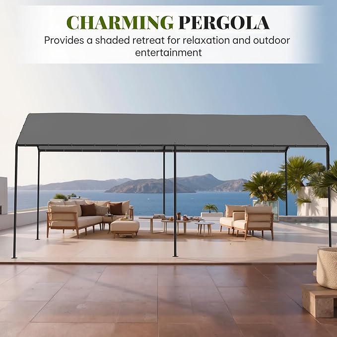 Carport, 10‘ x 20’ Heavy Duty Portable Garage All-Season Car Canopy w/Removable Sidewall & Doors, Carport Canopy Party Tent w/Water-Resistant Tarp for Backyard (Grey, 10' x 20' /no Side)