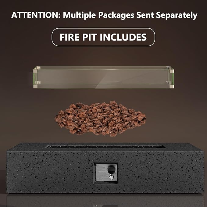 COSIEST 56-inch x 28-inch Outdoor Propane Fire Pit Coffee Table w Concrete Rectangle Base, CSA Certified, 50,000 BTU, Free Lava Rocks and RainCover, Fits 20lb Tank Outside, Wind Guard, Gray