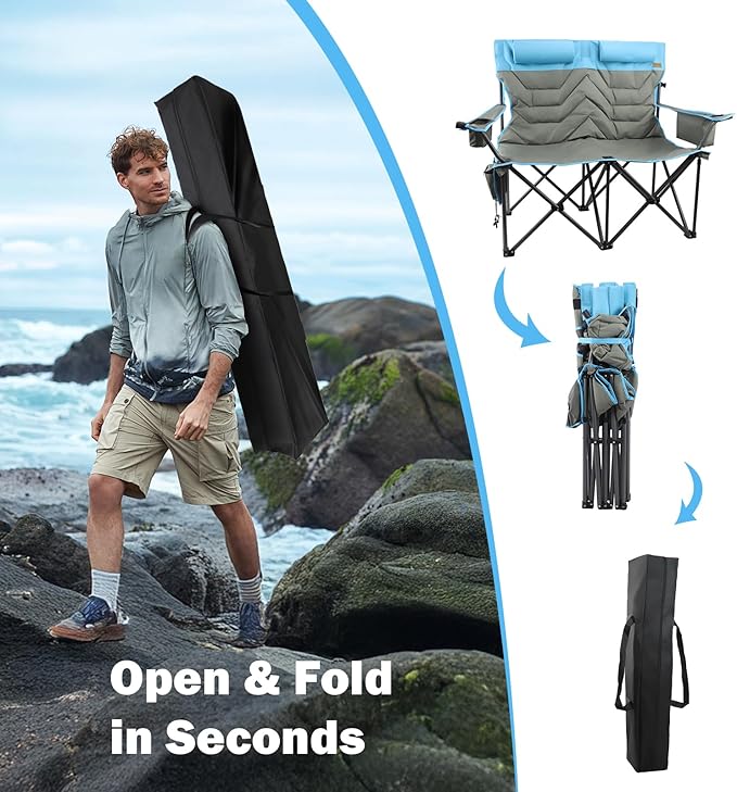 Folding Camping Chair - Oversize Camping Chairs for Adults, 2 Seat Folding Chair Support 650lbs with Pillows & Cup Holders & Cooler Bags- Heavy Duty Chair for Sports Garden Beach Fishing(Bluegray)