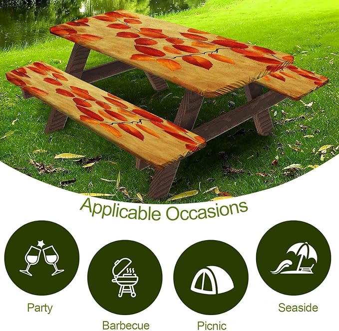 CAPSCEOLL Elastic Picnic Table Cover with Bench Covers 5Ft Waterproof Fitted Picnic Table Cover Cloths for Outdoors Camping Tablecloth with Drawstring Bag, 60X30in, Burnt Orange Leaves