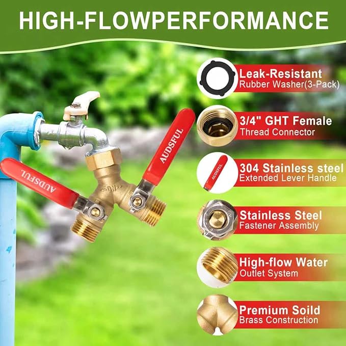 Brass Garden Hose Splitter 2/3/4 Way,Water Hose Splitter with Shutoff,Heavy Duty Outdoor Faucet and Garden Connector,Extension Handles,3/4” GHT Threads