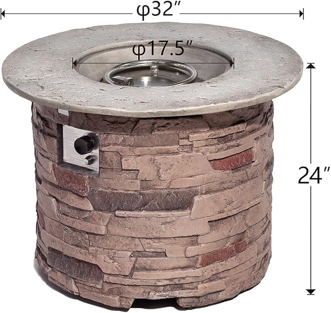 COSIEST Outdoor Propane Concrete Fire Pit Table w Imitation Stone Surface 32-inch Round Fire Table, CSA Certified, 40,000 BTU Stainless Steel Burner, Free Lava Rocks, Fits 20lb Tank Inside