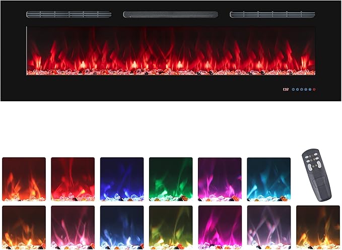 60'' Electric Fireplaces Inserts, Recessed & Wall-Mounted Fireplace Heater with Thermostat, Multicolor Flames,Timer, Log & Crystal, 750/1500W, Black