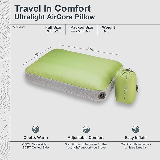 cocoon- Premium - Ultralight AirCore Pillow - Inflatable Camping and Travel Pillow - Full Size 16" x 22" (Wasabi Green)