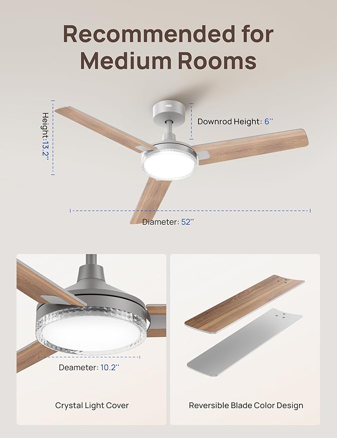 Dreo Smart Ceiling Fans with Lights, 52 Inch Grey Ceiling Fan, 12 Speeds & 3 Fan Modes, Stepless Color Tones, Dimmable LED Light, 1-12H Timer, Quiet DC Motor, Remote/APP/Alexa/Wall Switch Control