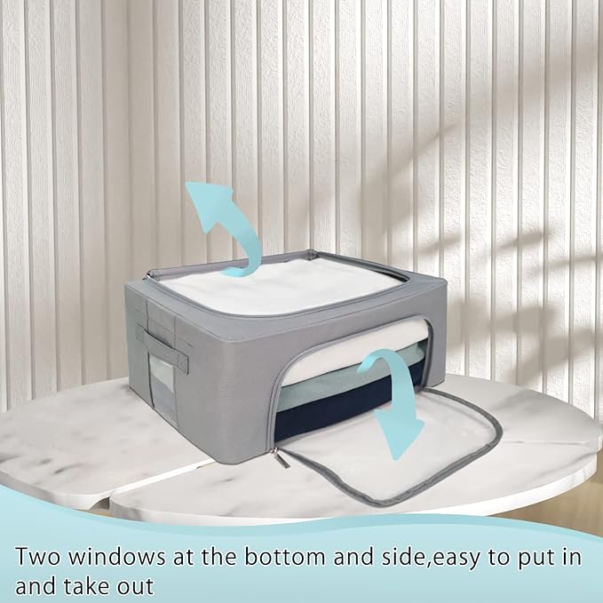 Clothes Storage Box Bins Stackable Foldable Organizer,Sturdy Handles with Metal Frame for Clothing Bedding Shelves,Closet Container with Clear Window Zipper and Label Holder (Gray, 22L x3 Pack)