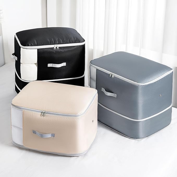 Comforter Storage Bag - 130L Large Capacity Blanket Storage Bags 3-Layer Ultra Space Saving Self Compression Organizer, Washable Compression Bags for Storage Comforter Blanket, 4-Pack, Black