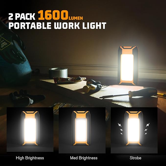 2 Pack 40W 1600LM LED Work Light, Rechargeable Portable Magnetic Flood Lights for Outdoor Camping Emergency Car Repairing and Waterproof Job Site Lighting