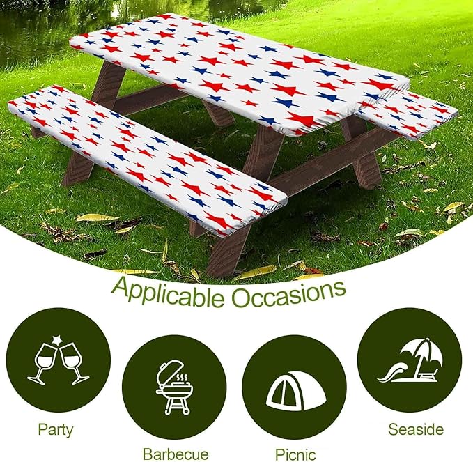 CAPSCEOLL Elastic Picnic Table Cover with Bench Covers 5Ft Waterproof Fitted Picnic Table Cover Cloths for Outdoors Camping Tablecloth with Drawstring Bag, 60X30in, Stars