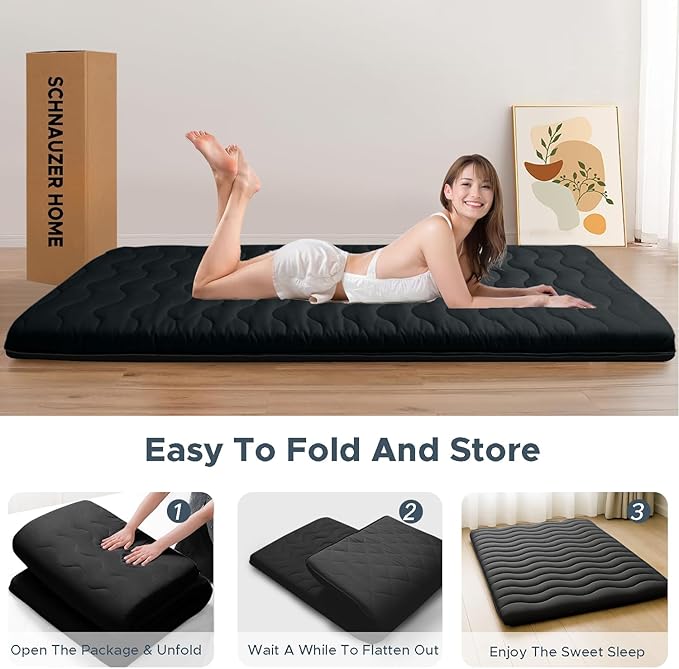 Japanese Floor Mattress, 100% High Density Comfortable Foam, 4" Thicken Foldable Mattress Tatami Mat Sleeping Pad, Ideal for Comfort and Support, Kids Floor Lounger Pillow Bed Sofa, Black, Twin