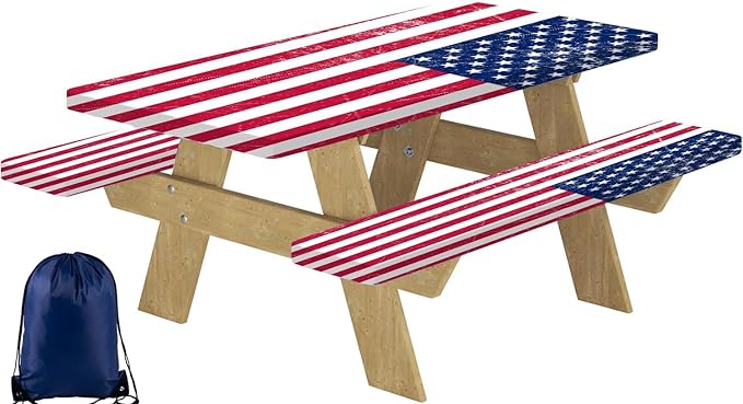 CAPSCEOLL 4Th of July Fitted Picnic Table Cover with Bench Covers 8Ft Waterproof Camping Tablecloth Outdoor Table Protector with Drawstring Bag for Camping Essentials, 96X30In, American Flag