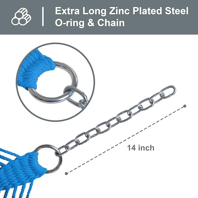 SUNCREAT Polyester Rope Hammock with Bamboo Spreader Bar, Carrying Bag, 450 lbs Capacity, Two Person Hammock with Tree Hooks, Blue