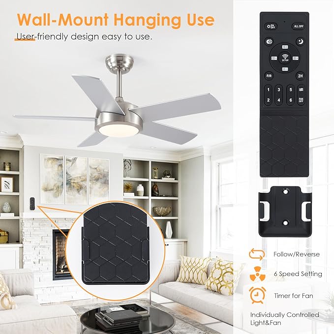Ceiling Fan with Lights and Remote/APP - 42" Modern Low Profile Ceiling Fan with 5 Reversible Blades, 3CCT Dimmable, Ceiling Fans for Indoor/Covered Outdoor, Brushed Nickel
