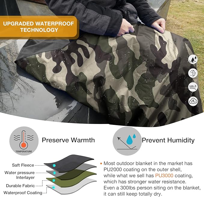 DUKUSEEK Hooded Stadium Blanket, Camouflage Waterproof Windproof Outdoor Fleece Blanket - Large (79x56), Portable, Wearable, Warm for Outdoor Hunting, Sporting Eventsβ¦