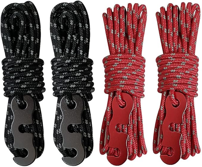 Tent Wind Ropes with Tensioners Cord Adjuster, 4pcs 13ft Reflective Rope for Camping, Hiking, Canopy Shelter, Outdoor Activity(RED)