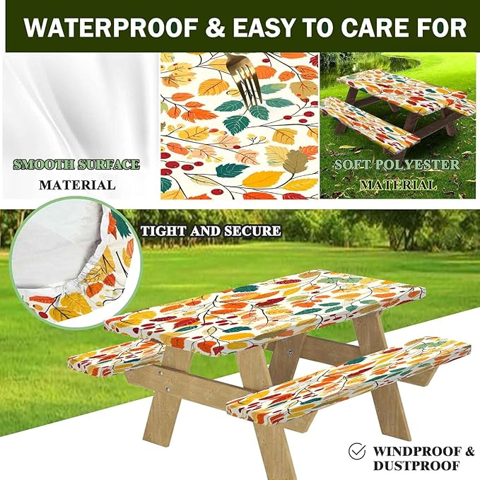 CAPSCEOLL Fitted Picnic Table Cover with Bench Covers with Elastic 8Ft Waterproof Camping Picnic Table Cover Cloths for Outdoors Camping Tablecloth with Drawstring Bag, 96X30in, Fall Leaves