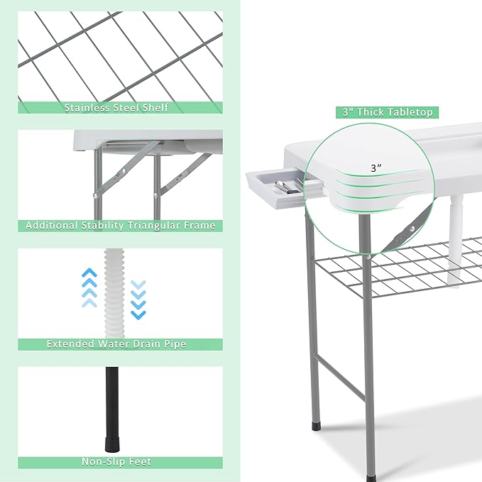 Dragosum 42'' Outdoor Fish Cleaning Table Portable Camping Sink Station with Double Sinks, Collapsible Swivel Faucet, Picnic Sink Table with 6pc Fish Cleaning Kit for Picnic Beach Patio (Grey)