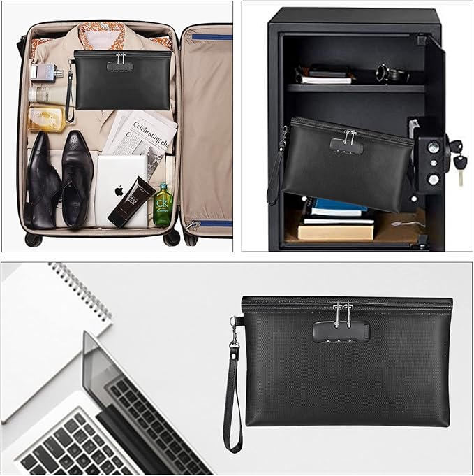 Fireproof Money Bag with Lock, ZOOPIP 11.2"x7.6" Fireproof Cash Bag with Zipper Closure, Storage Pouch for A5 Size Document, Cheque, Cash, Cell Phone, Tablet, Credit Card, Passport, Jewelry (Black)