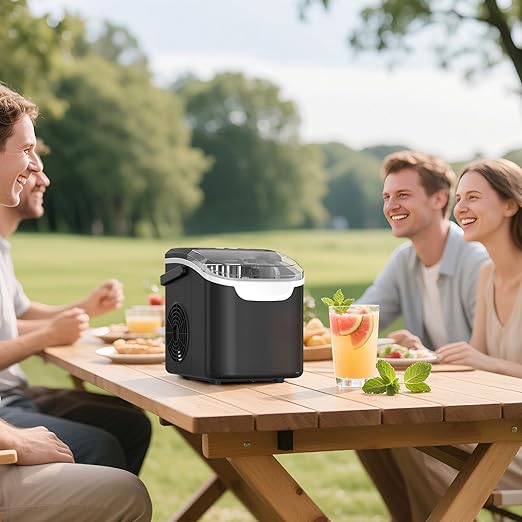 Countertop Ice Maker with Handle, 26.5lbs in 24Hrs with 2 Sizes, 8 Ice Cubes Ready in 6 Mins, Auto-Cleaning Small Portable Ice Maker with Basket and Scoop for Home/Office/Kitchen/Camping/RV, Black
