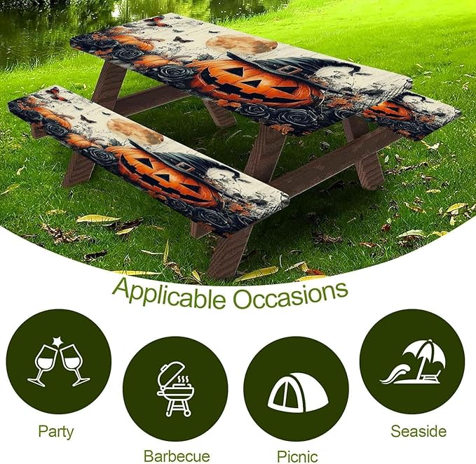 CAPSCEOLL Fitted Picnic Table Cover with Bench Covers with Elastic 6Ft Waterproof Camping Picnic Table Cover Cloths for Outdoors Camping Tablecloth with Drawstring Bag, 72X30in, Halloween Pumpkins