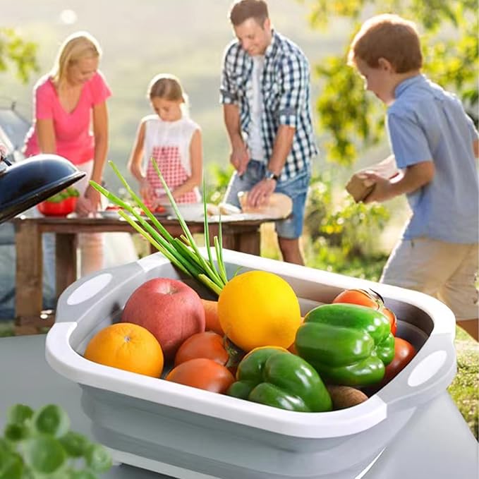 Camping Collapsible Cutting Board Dish Basin BBQ Prep Tub Camp Sink Dish Washing Station Multifunctional Storage Basket(Grey white)