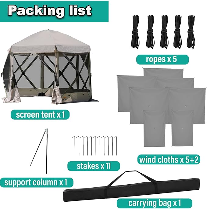 Pop Up Screen Tent, 12'x12' Windproof & UV Protection Sun Shelter, Portable Instant Setup, 6-Sided Screen Tent for Picnic, Camping, Backyard, Outdoor (Grey)